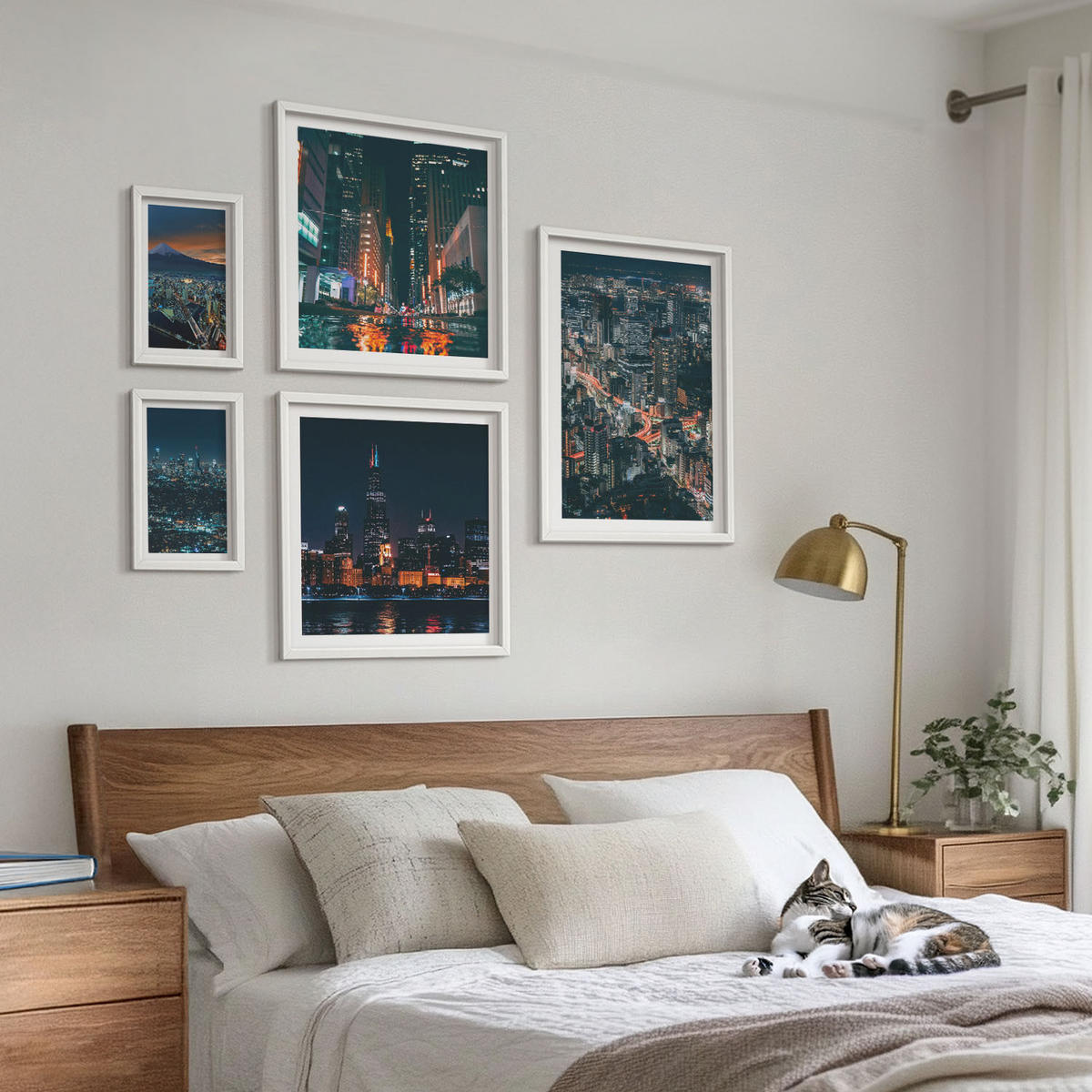 BILDER SET 5er Set - 50x50 cm & 20x30 cm & 40x60 cm Weißer Rahmen - Bergpanorama der Stadt bei Nacht - Weiß, Kunststoff (40/60cm) - TULUP