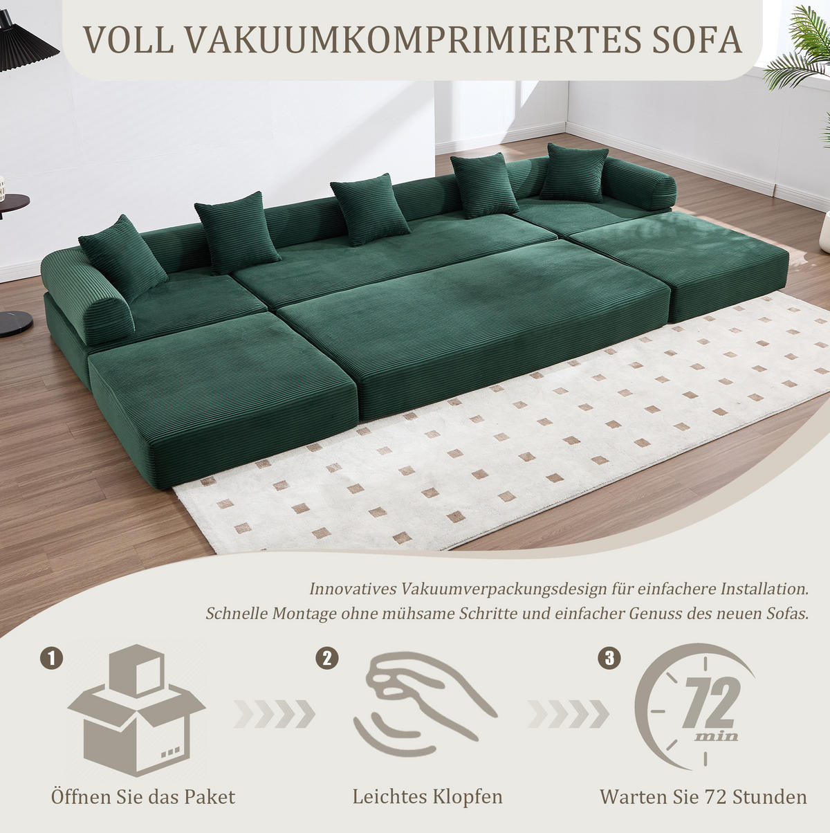 MODULARES Sofa 270/180/64 cm aus Cord mit Schlaffunktion und Seitentasche Smaragdgrün - Smaragdgrün, Textil (180/64/270cm) - Modenvie