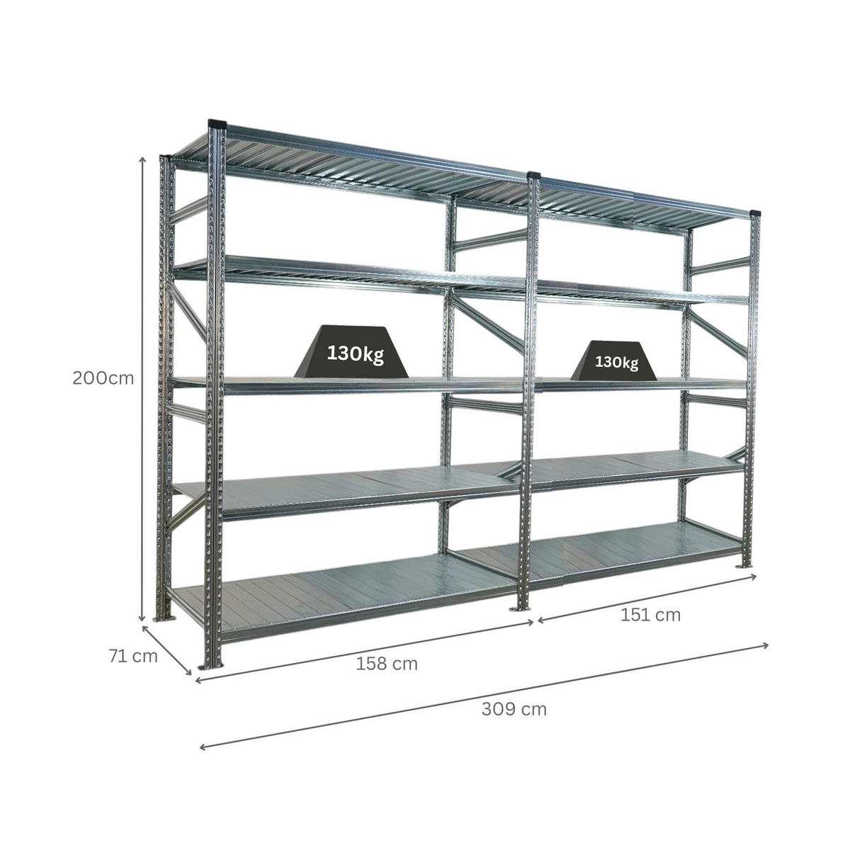 FACHBODENREGAL Proximo Stecksystem 200x300x70cm 5 Ebenen Fachlast 130 kg Beidseitig nutzbar Verzinkt - Silberfarben, Metall (300/200/70cm) - PROREGAL