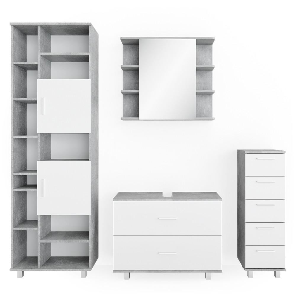 BADMÖBEL-SET Ilias Beton/Weiß 4 Teile, mit Hochschrank - Weiß/Grau, Holzwerkstoff (80.2/60.8/33cm) - Vicco