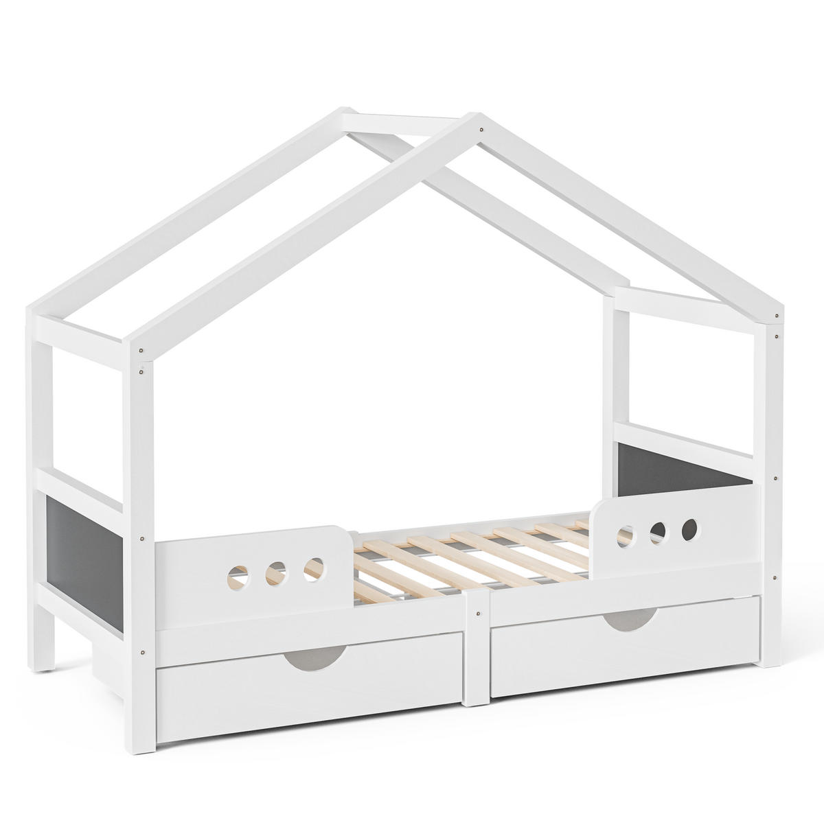 KINDERBETT 90/200 cm mit Dachdesign, Tafel und 2 Schubladen aus Holz und MDF, Weiß - Weiß, Holz (90/200cm) - Redom