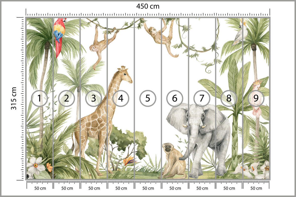 FOTOTAPETE für Kinderzimmer Dschungel Tiere Giraffe Elefant Palmen 450x315 - Beige/Rot, Papier (450/315cm) - Muralo