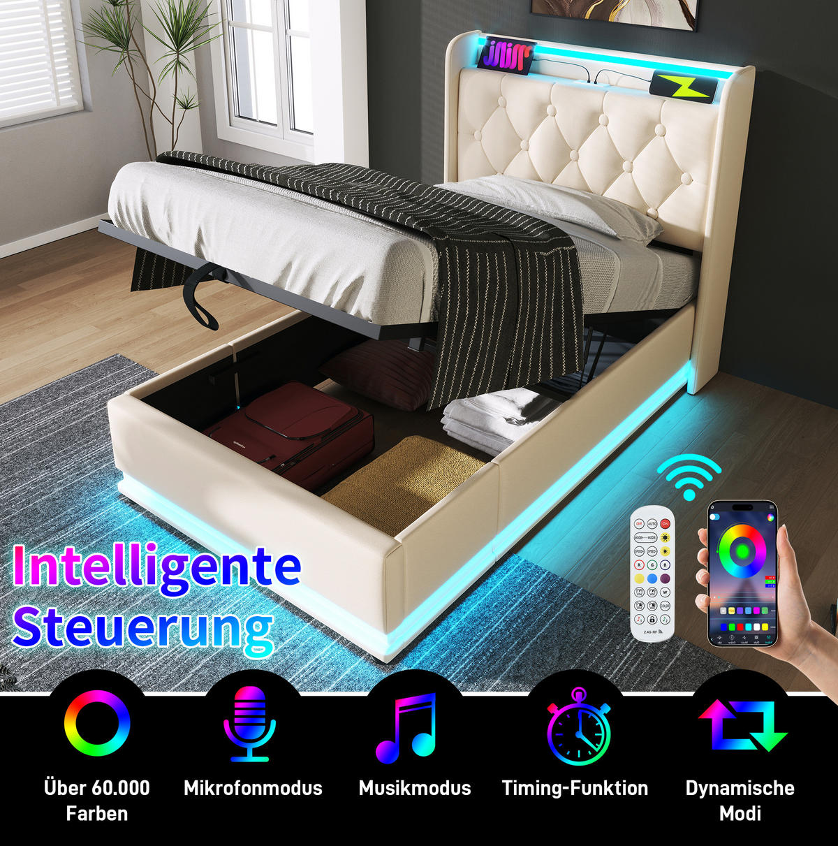 POLSTERBETT mit LED-Beleuchtung 90/200 cm mit Bettkasten und USB in Weiß - Weiß, Kunststoff (90/200cm) - BEAOK