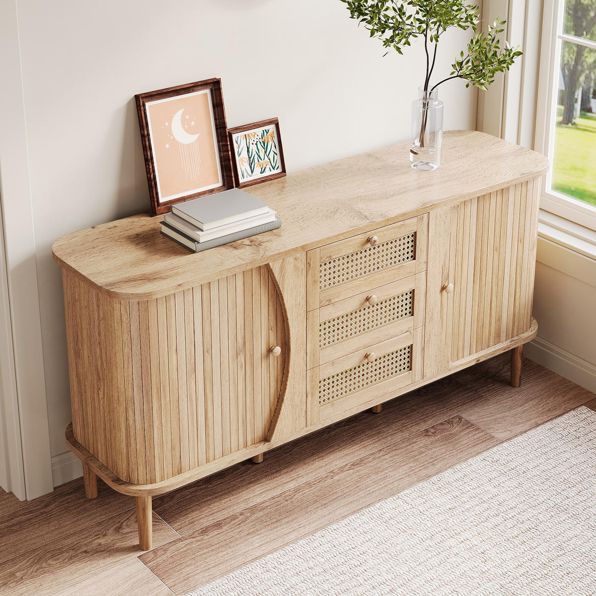 SIDEBOARD Rattan Kommode mit Schiebetüren, 140.5/40/76cm - Kirschbaumfarben, Holzwerkstoff (140.5/76/40cm) - Urban Meuble