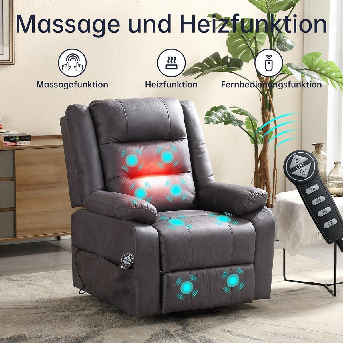 FERNSEHSESSEL mit Aufstehhilfe und Massagefunktion Dunkelgrau - Grau, Kunststoff (84/137/164cm)