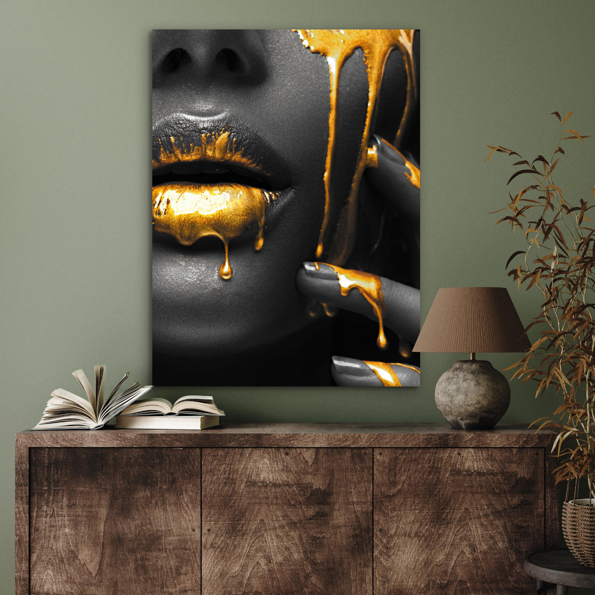 METALLBILD Frau - Schwarz - Gold - Gesicht - Lippen 60x80 cm - Goldfarben, Metall (60/80cm) - MuchoWow