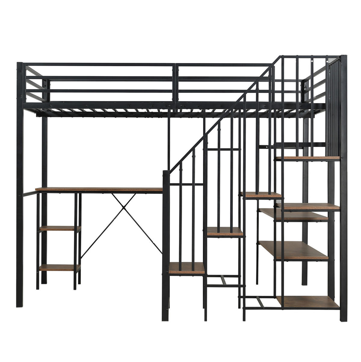ETAGENBETT aus Metall und MDF 120x200 cm Schwarz mit Schreibtisch, Regal, offenem Kleiderschrank und Eckleiter - Schwarz, Holzwerkstoff (120/200cm) - Modfu