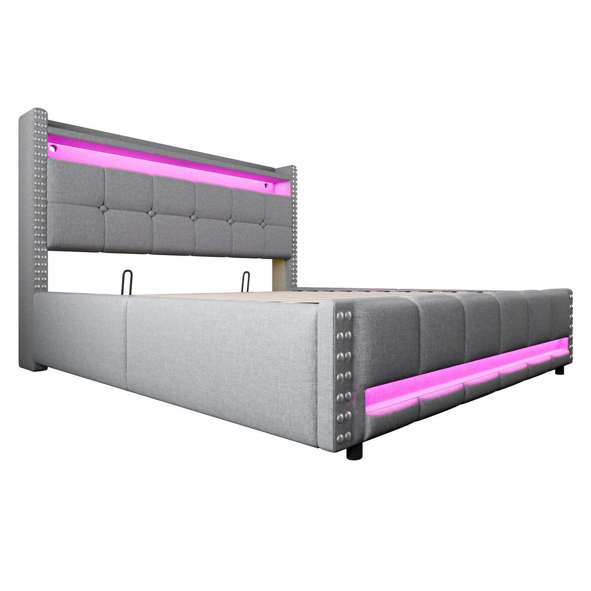 POLSTERBETT 160/200 cm hellgrau mit LED-Beleuchtung und USB-Steckdose - Hellgrau, Textil (160/200cm) - OKWISH