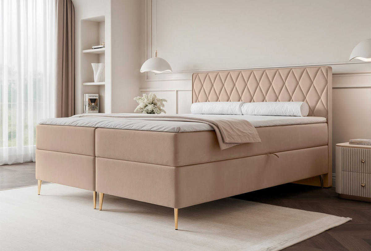 BOXBETT Caresso Beige, Velours, 160x200 cm - Beige/Goldfarben, Textil/Metall (160/200cm) - Selsey