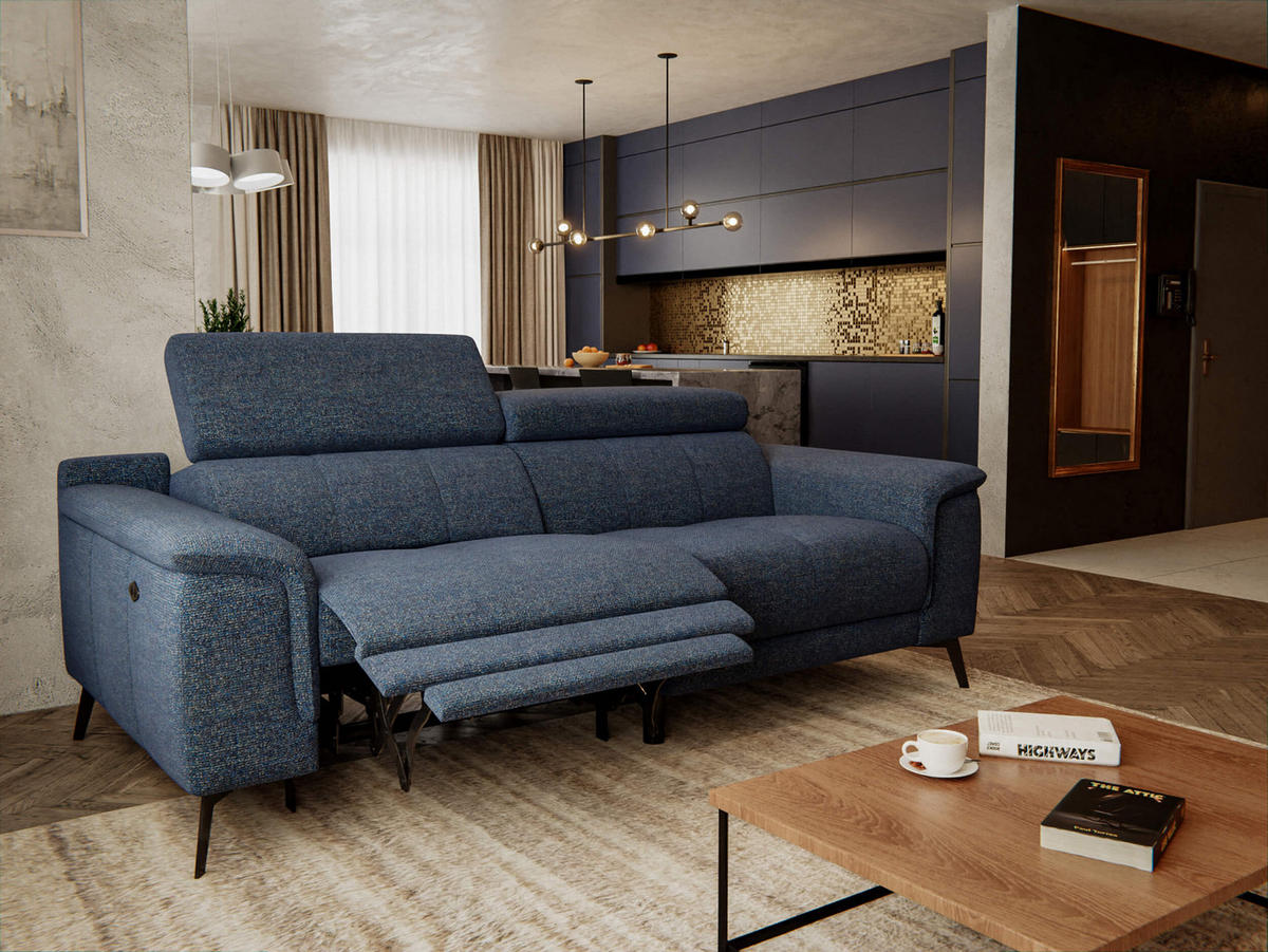RELAXSOFA FIERO 3-Sitzer mit 1 Relaxfunktion, dunkelblau - Schwarz/Dunkelblau, Holzwerkstoff/Textil (212/82/103cm) - Courtois Laville