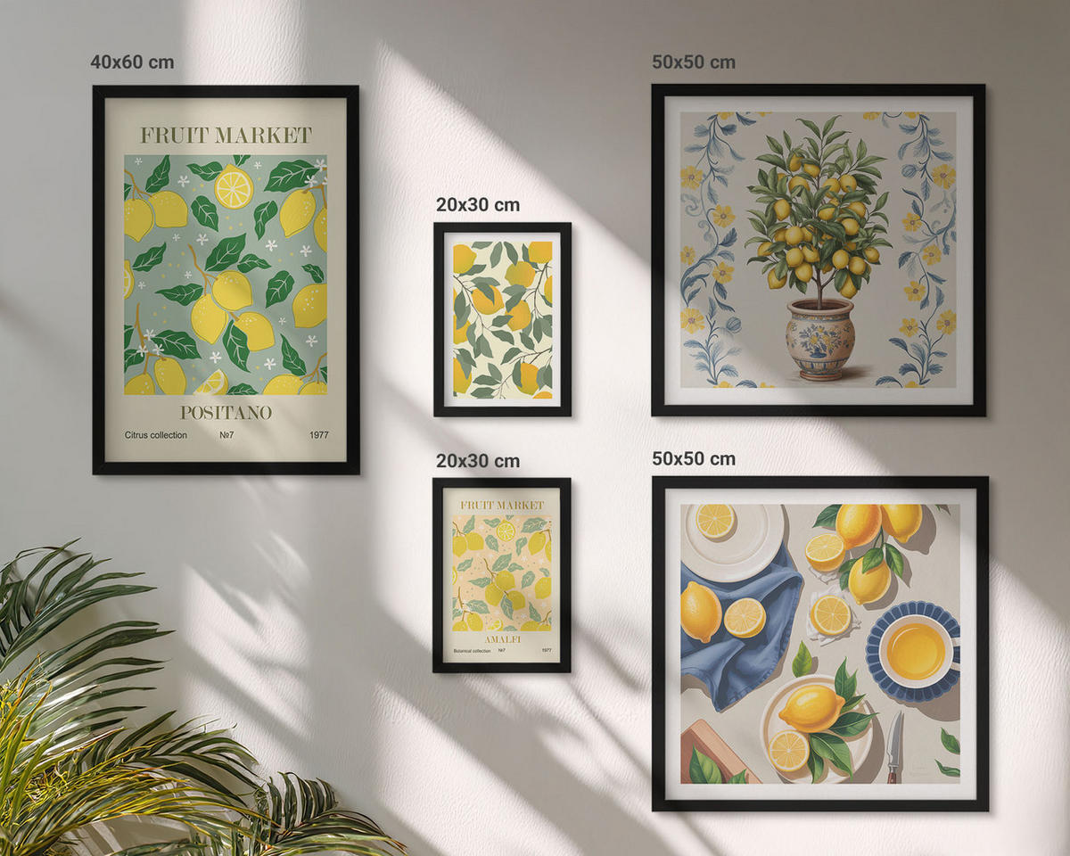 BILDER SET 5er Set - 50x50 cm & 20x30 cm & 40x60 cm Schwarzer Rahmen - Zitronenbäume in der Sonne - Schwarz, Kunststoff (40/60cm) - TULUP