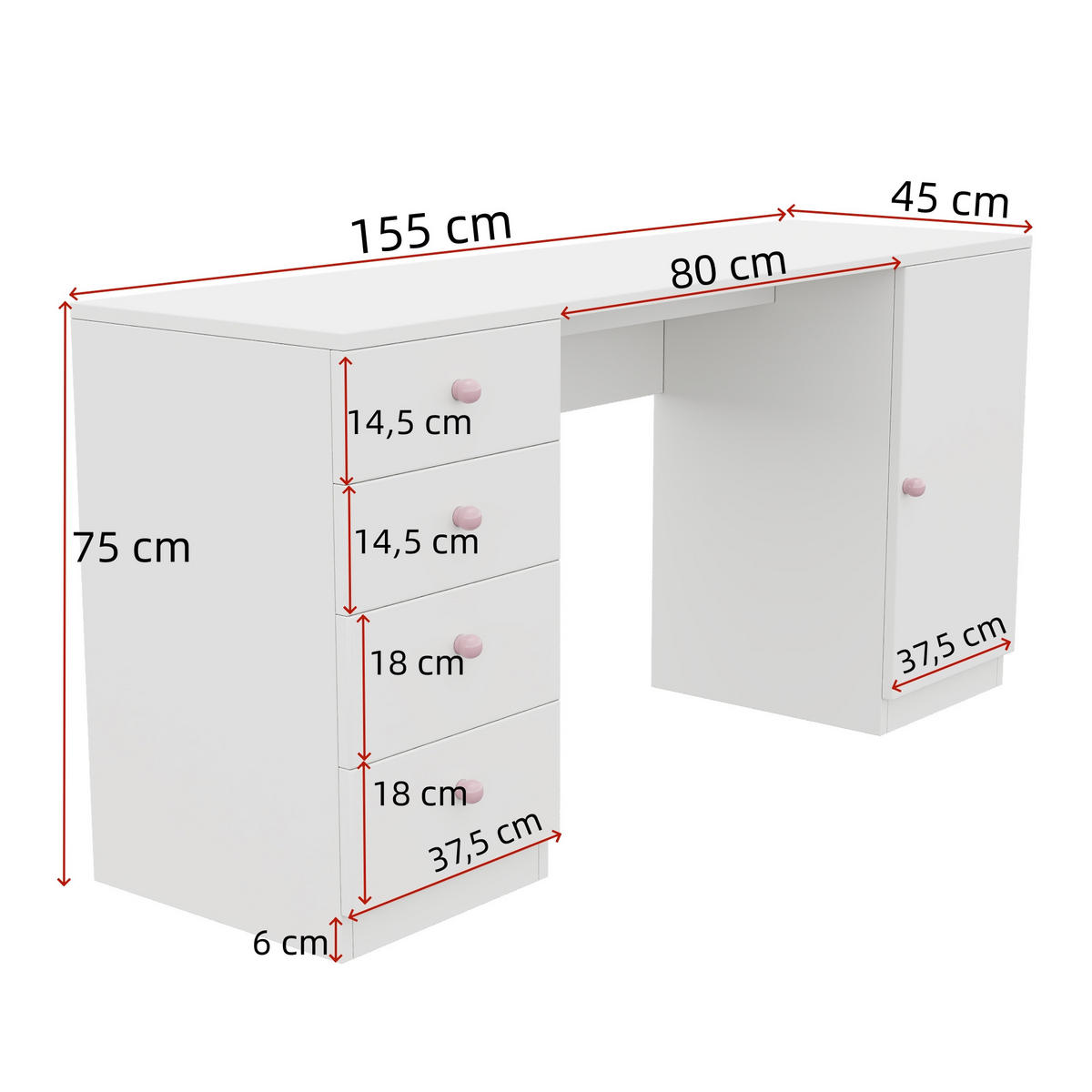 RADNI STOL 155/45/75 cm s 4 ladice, policom i keramičkim ručkama u bijeloj boji - bijela/prirodne boje, drvni materijal (155/75/45cm) - CHICFURN