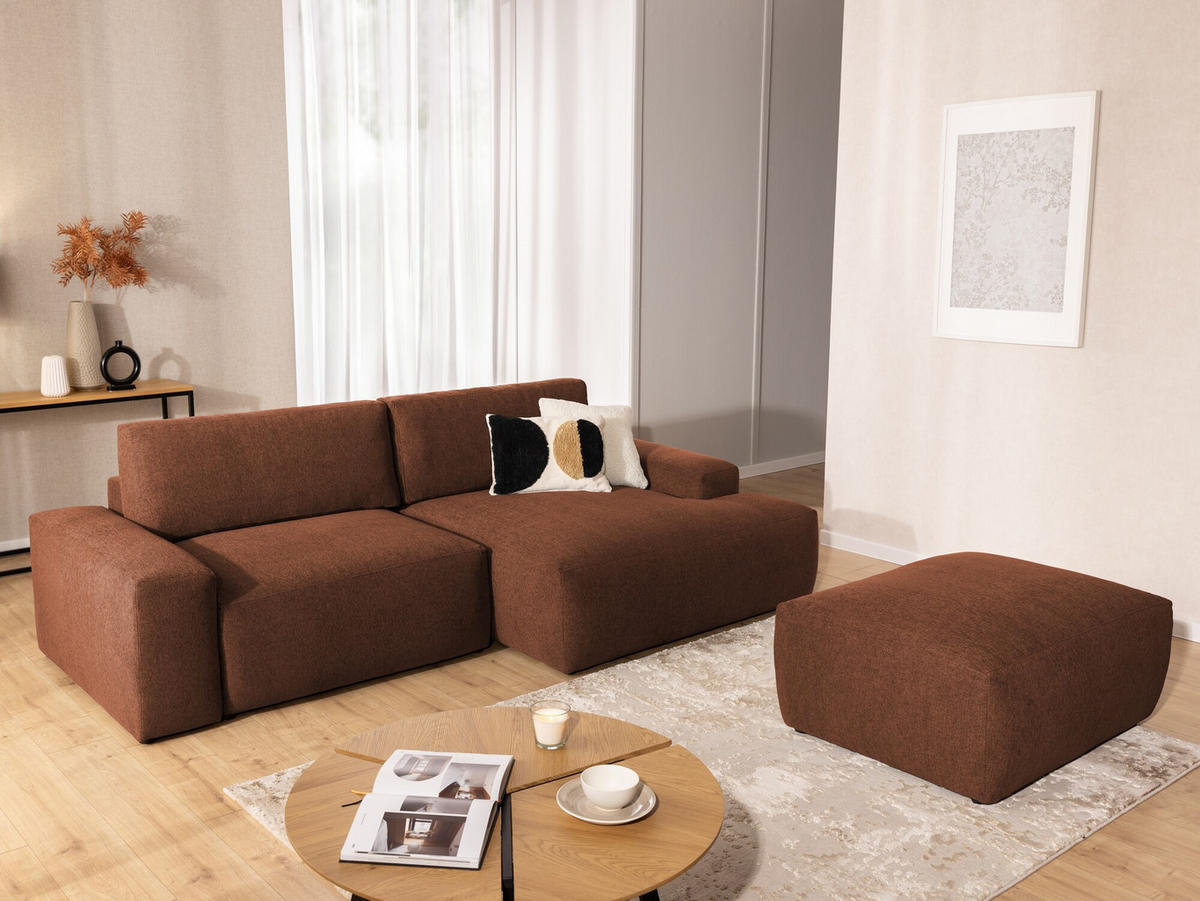 ECKSOFA inkl. Hocker Lennon aus Braun Strukturstoff mit Schlaffunktion und Bettkasten - Schwarz/Braun, Holz/Kunststoff (264/137cm) - S-Style
