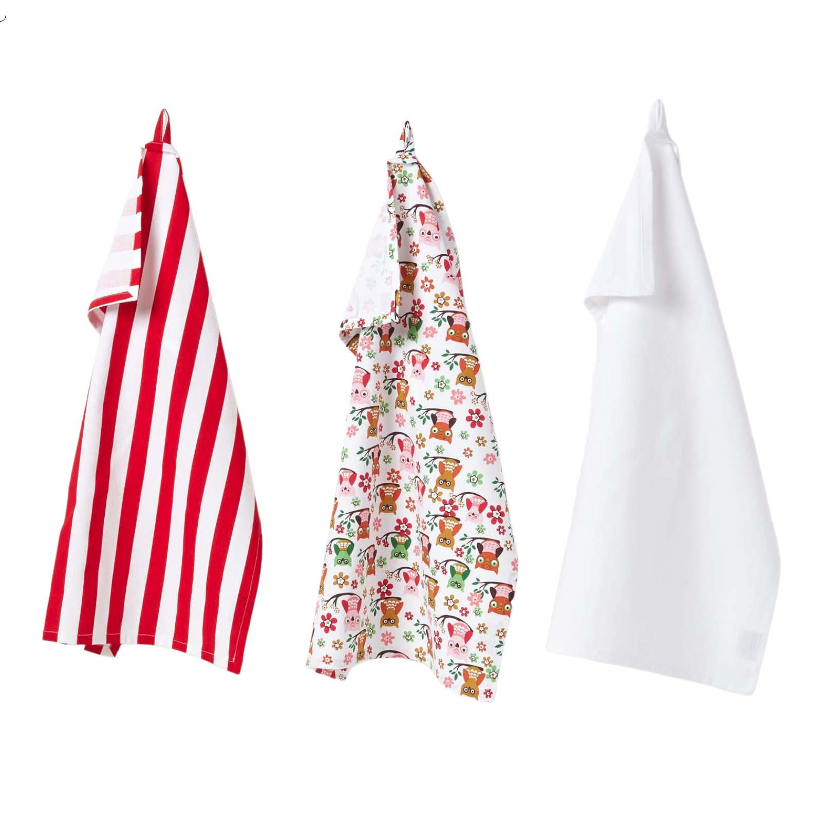GESCHIRRTÜCHER Eulen, 3er-Set, 100% Baumwolle - Rot, Textil (50/70cm) - Homescapes