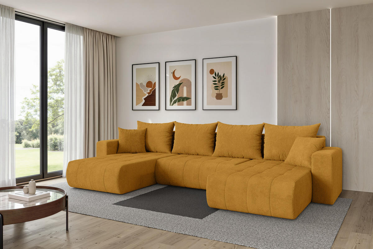 SEDACÍ SOUPRAVA DO U s funkcí spaní a úložným prostorem MILA-U 378x194x86 hořčicově žlutá manšestr - černá/tmavě žlutá, kompozitní dřevo/textil (378/86/194cm) - ALTDECOR