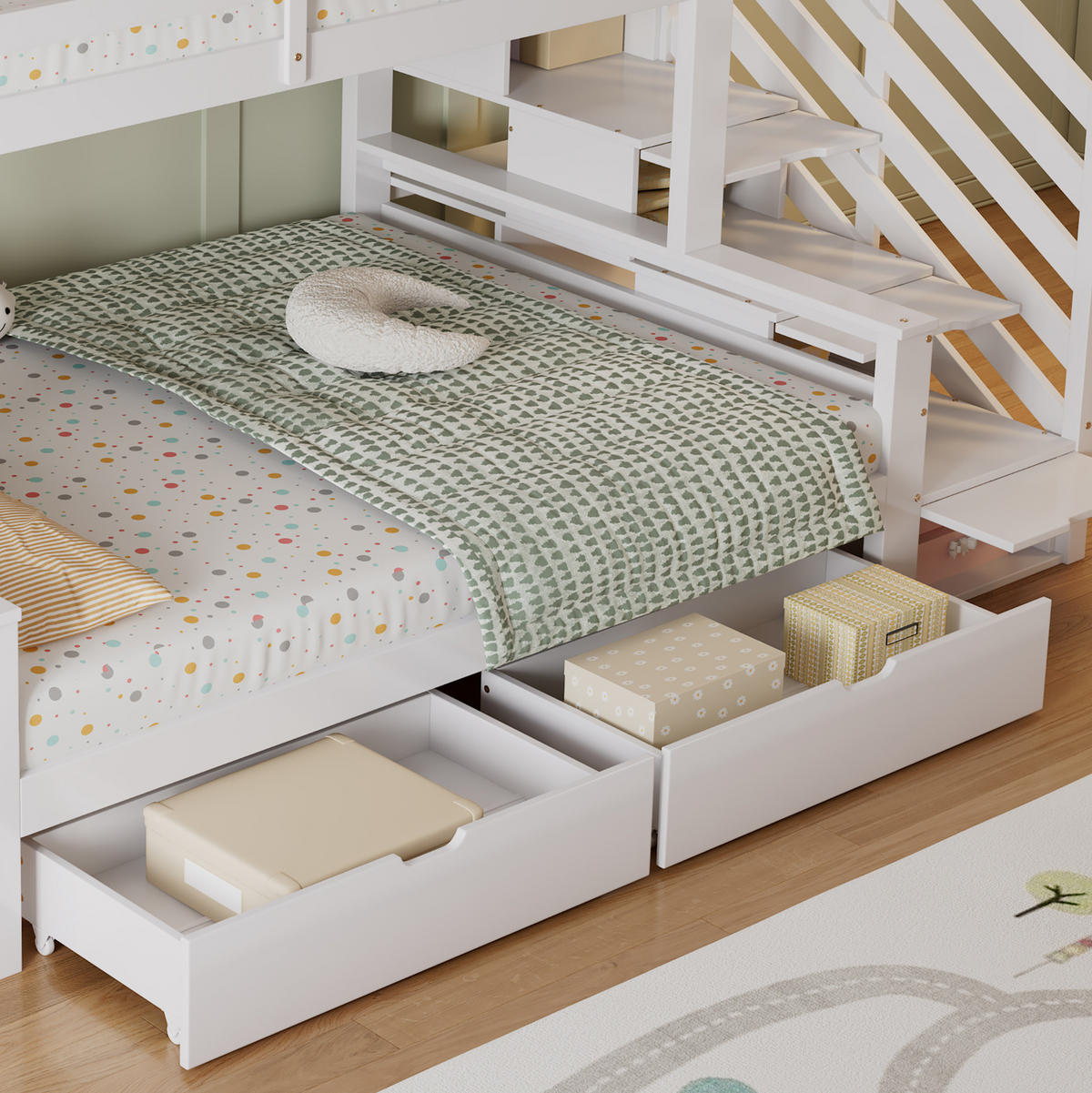 KINDERETAGENBETT aus Kiefernholz 90x200/140x200 cm Weiß mit Stauraumtreppe und Schubladen - Weiß, Holzwerkstoff (90/200cm) - IVMEU