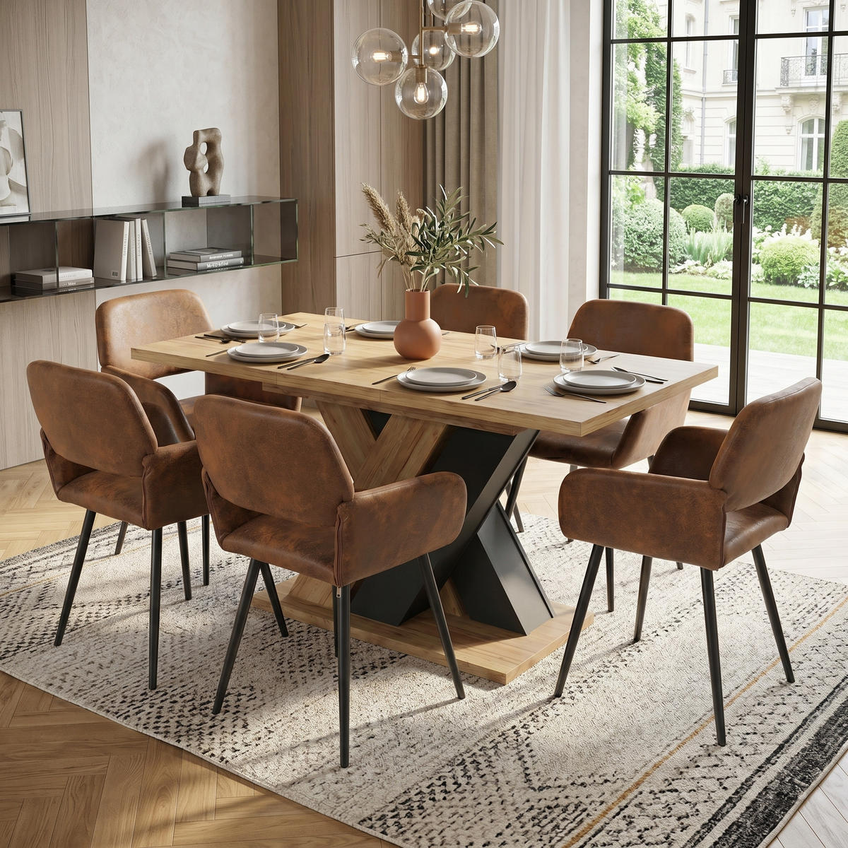 ESSTISCH-SET 1+6, ausziehbarer Tisch mit 6 Esszimmerstühlen - Eichefarben/Schwarz, Holzwerkstoff (119/75/80cm) - Urban Meuble