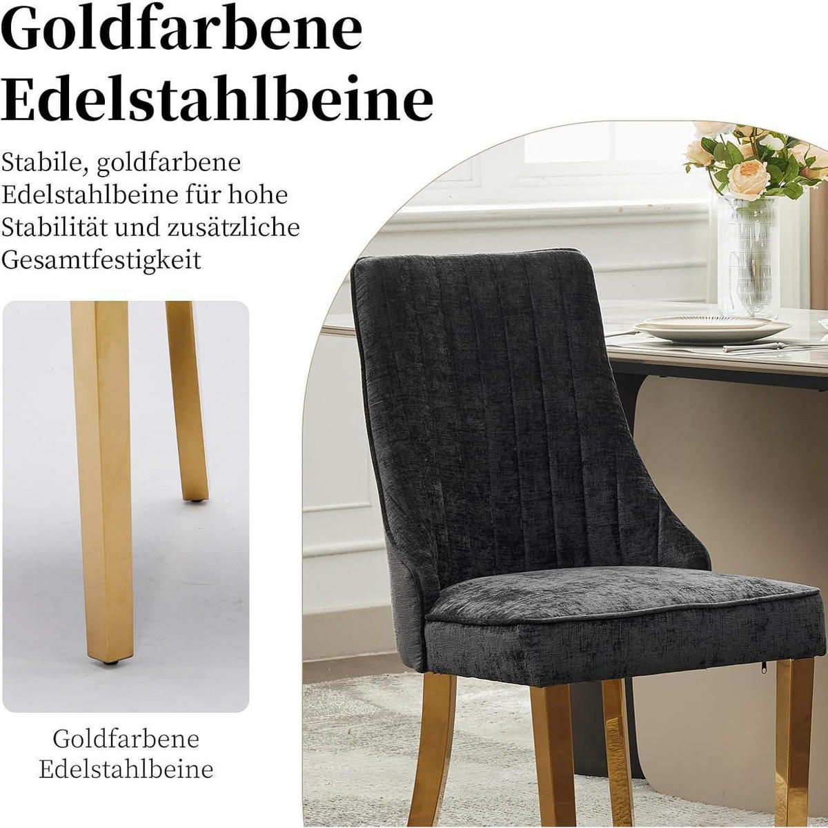 ESSZIMMERSTÜHLE 6er-Set Stoff Schwarz mit goldfarbenen Edelstahlbeinen - Schwarz, Textil (50/95.5/53.8cm)