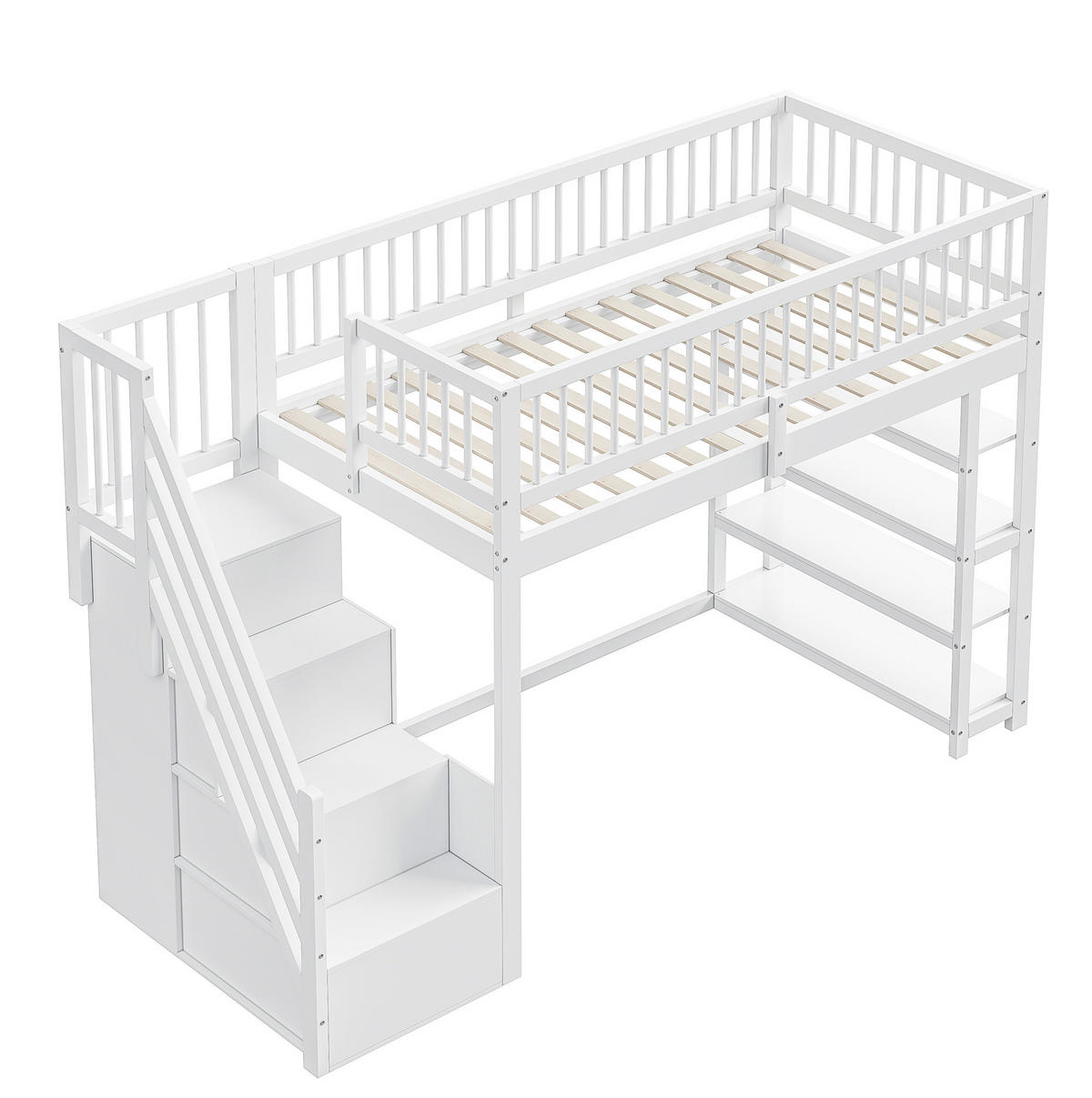 HOCHBETT 90/200 cm aus Holzwerkstoff mit Kleiderschrank, Regalen und Sicherheitsleiter, Weiß/Grau - Weiß, Holzwerkstoff (90/200cm) - Redom