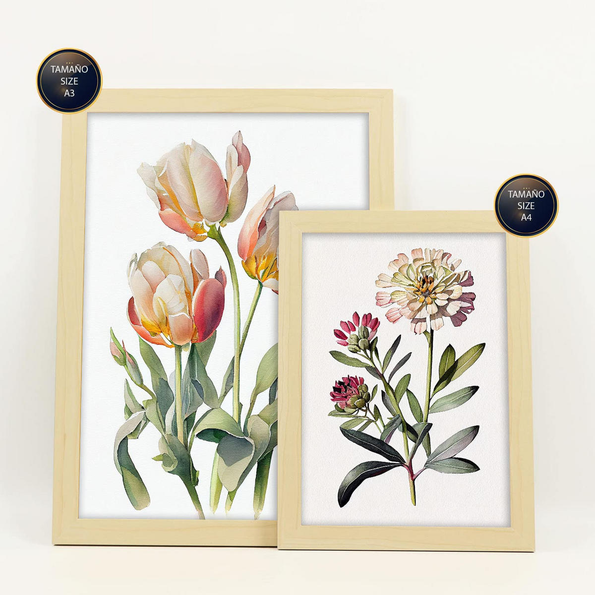 POSTER Set Mit 6 Pastellblume Größe A3 & A4 Rahmen aus hellem Holz - Beige, Papier (29.7/1cm) - Nacnic