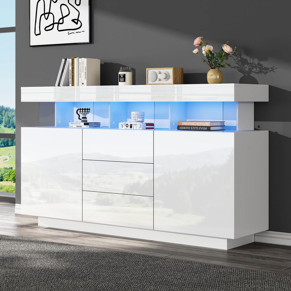 SIDEBOARD LED Weiß 16 Farben Hochglanz Acryl 140x35x80cm - Weiß, Holzwerkstoff (35/80/140cm) - FLIEKS