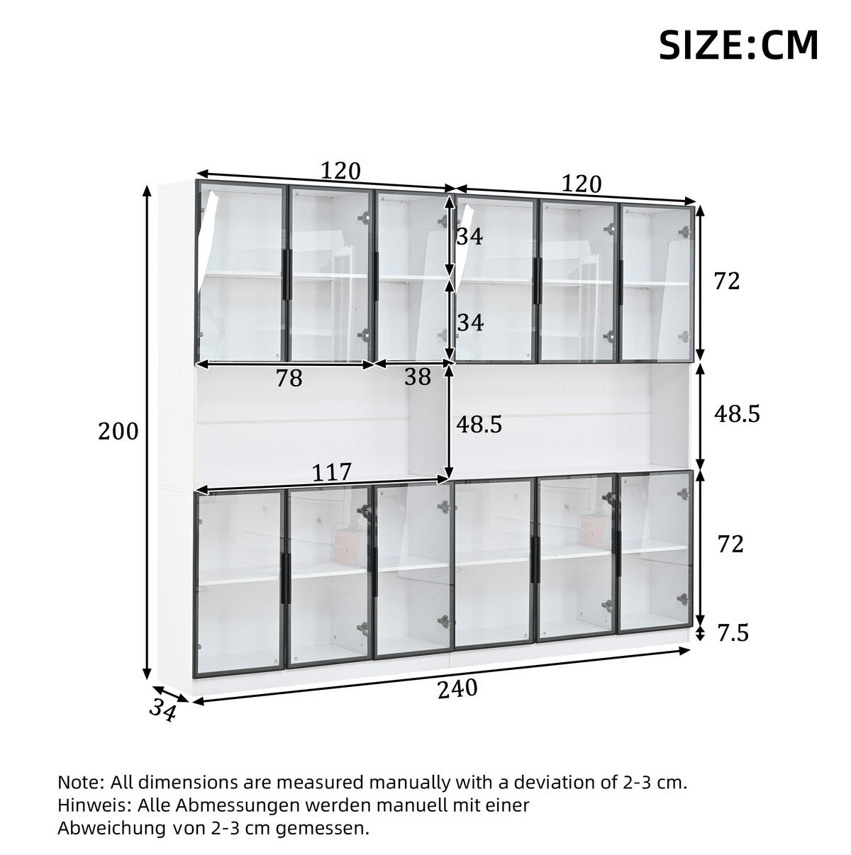 VITRINE aus MDF und Glas 240/34/200 cm mit LED-Beleuchtung, App-Steuerung und 12 Türen, Weiß - Weiß, Holzwerkstoff (240/200/34cm) - Redom