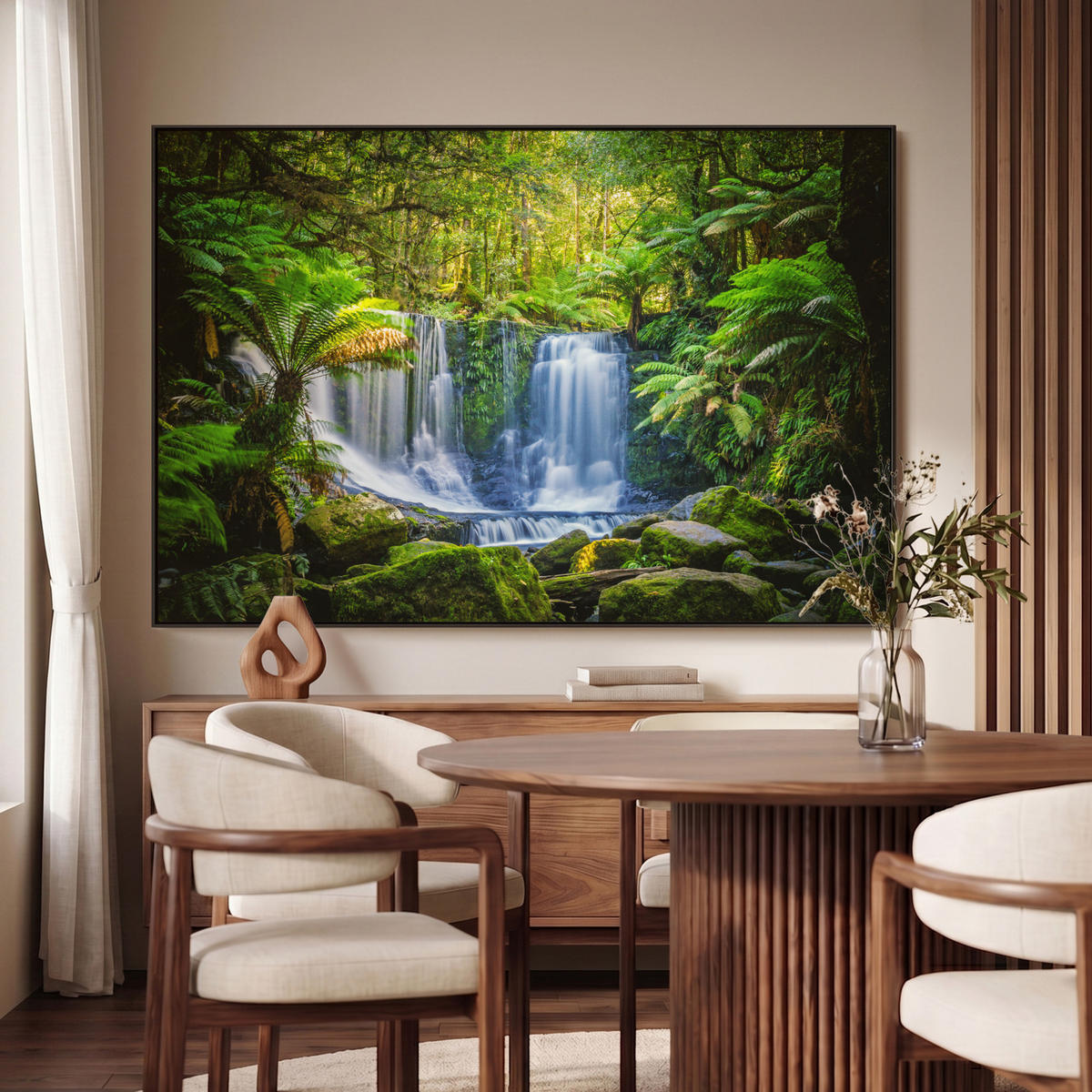 LEINWAND Bilder mit Rahmen - Dschungel - Wasserfall - Australien - Pflanzen - Natur - 120x80 - Dunkelgrün, Textil (120/80cm) - MuchoWow