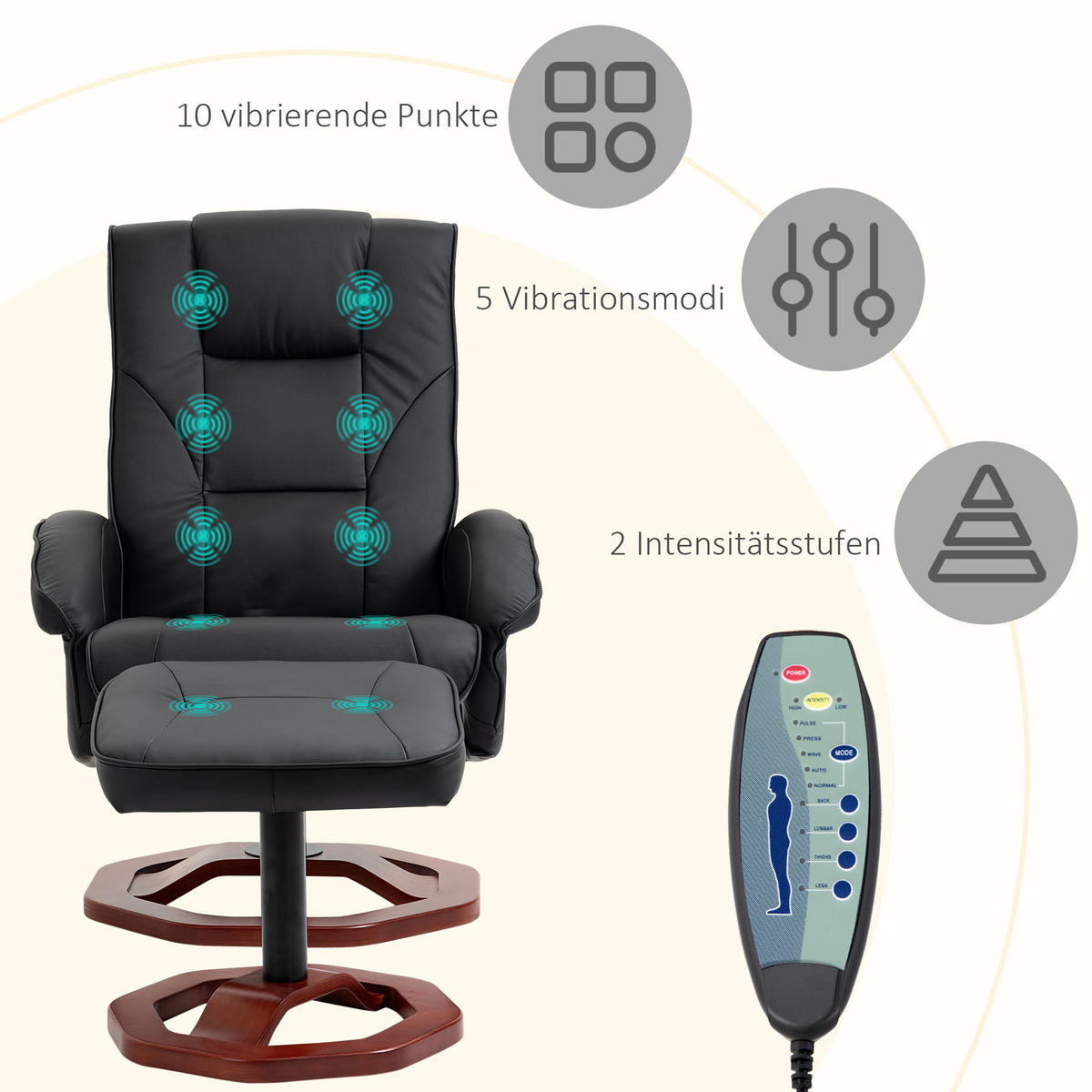 MASSAGESESSEL mit Hocker, Liegefunktion, Fernbedienung, bis 150 kg - Schwarz, Leder (83/106/73cm) - HOMCOM