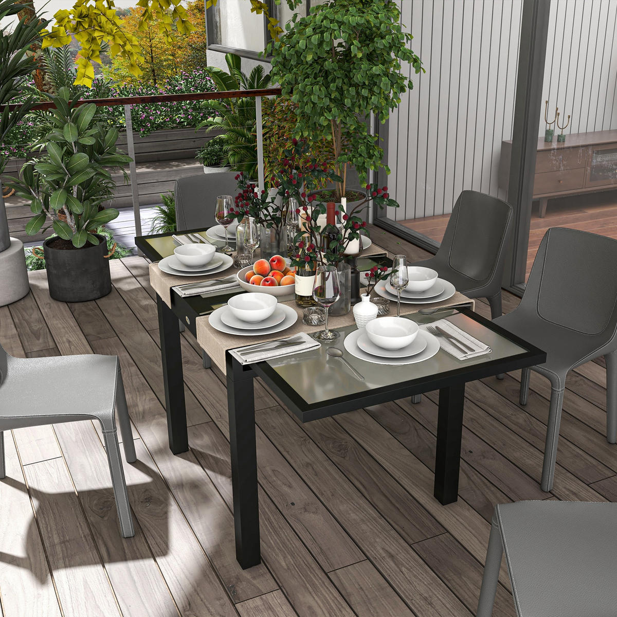 GARTENTISCH DE-07253 wetterbeständig mit Glasplatte Schwarz - Transparent, Glas/Metall (160/80/75cm) - ComfortXL