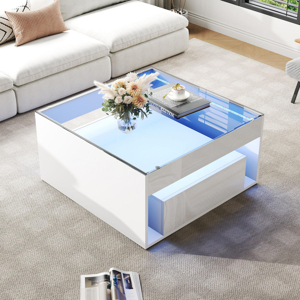 COUCHTISCH weiß aus MDF mit gehärteter Glasplatte und App-gesteuerter USB-LED 70 × 70 × 35 cm - Weiß, Holzwerkstoff (70/70/35cm) - Luhomfu