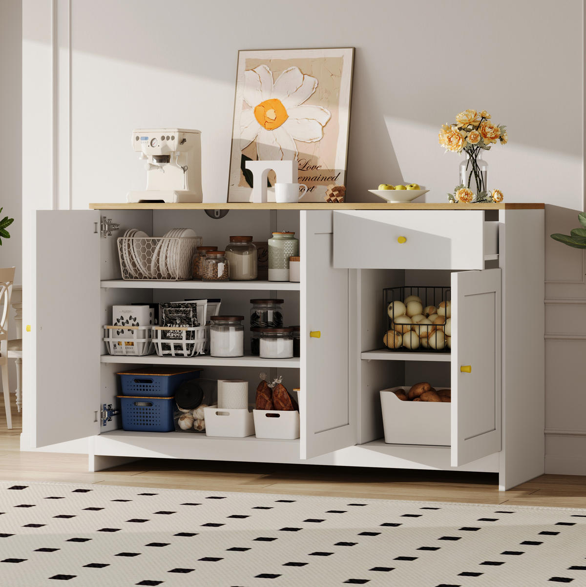 SIDEBOARD 120/40/75 cm mit 3 Türen & Schublade in Weiß und Natur - Weiß, Holzwerkstoff (120/75/40cm) - BEAOK