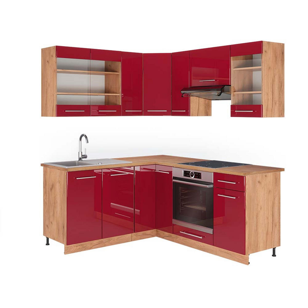 ECKKÜCHE Fame-Line Bordeaux Hochglanz/Goldkraft Eiche 160 x 190 cm AP Eiche - Honigeiche/Bordeaux, Holzwerkstoff (190/81.6/60cm) - Vicco