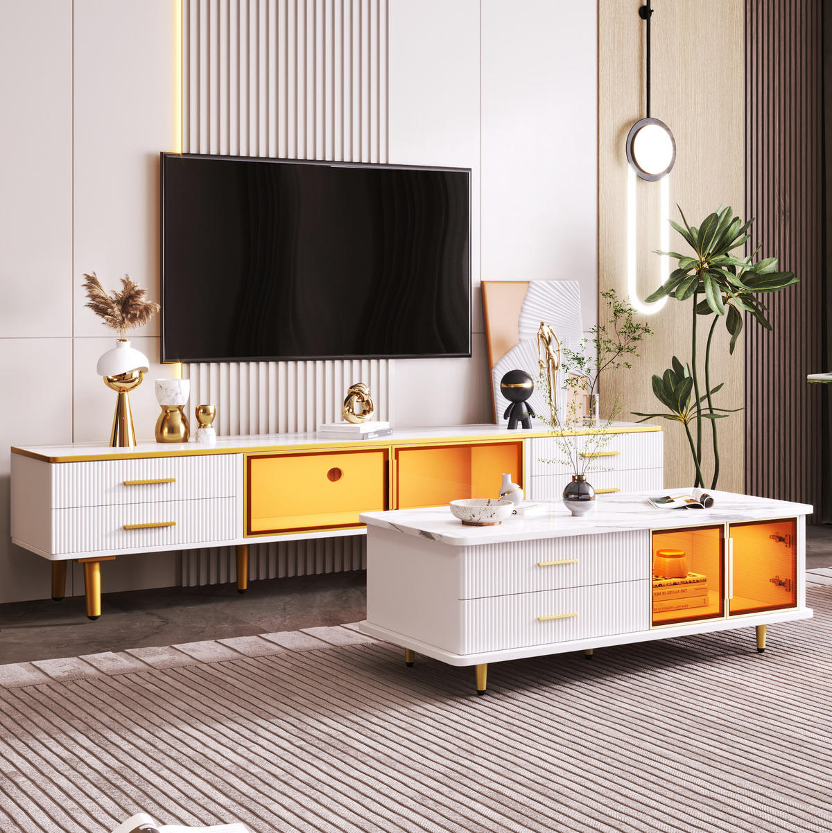 TV-SCHRANK in Weiß mit Marmormuster, LED und Glas 170/37/47.5 cm - Weiß, Holzwerkstoff (170/47.5/37cm) - Redom