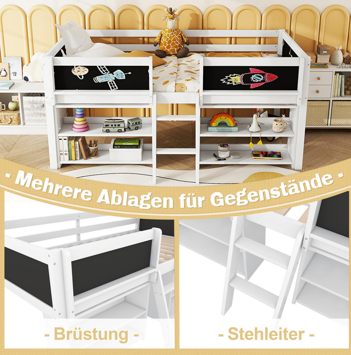 HOCHBETT 90/200 cm in Weiß mit Stauraum, Tafel, Leiter und Sicherheitsgeländer - Weiß, Holz (90/200cm) - Flora Grace