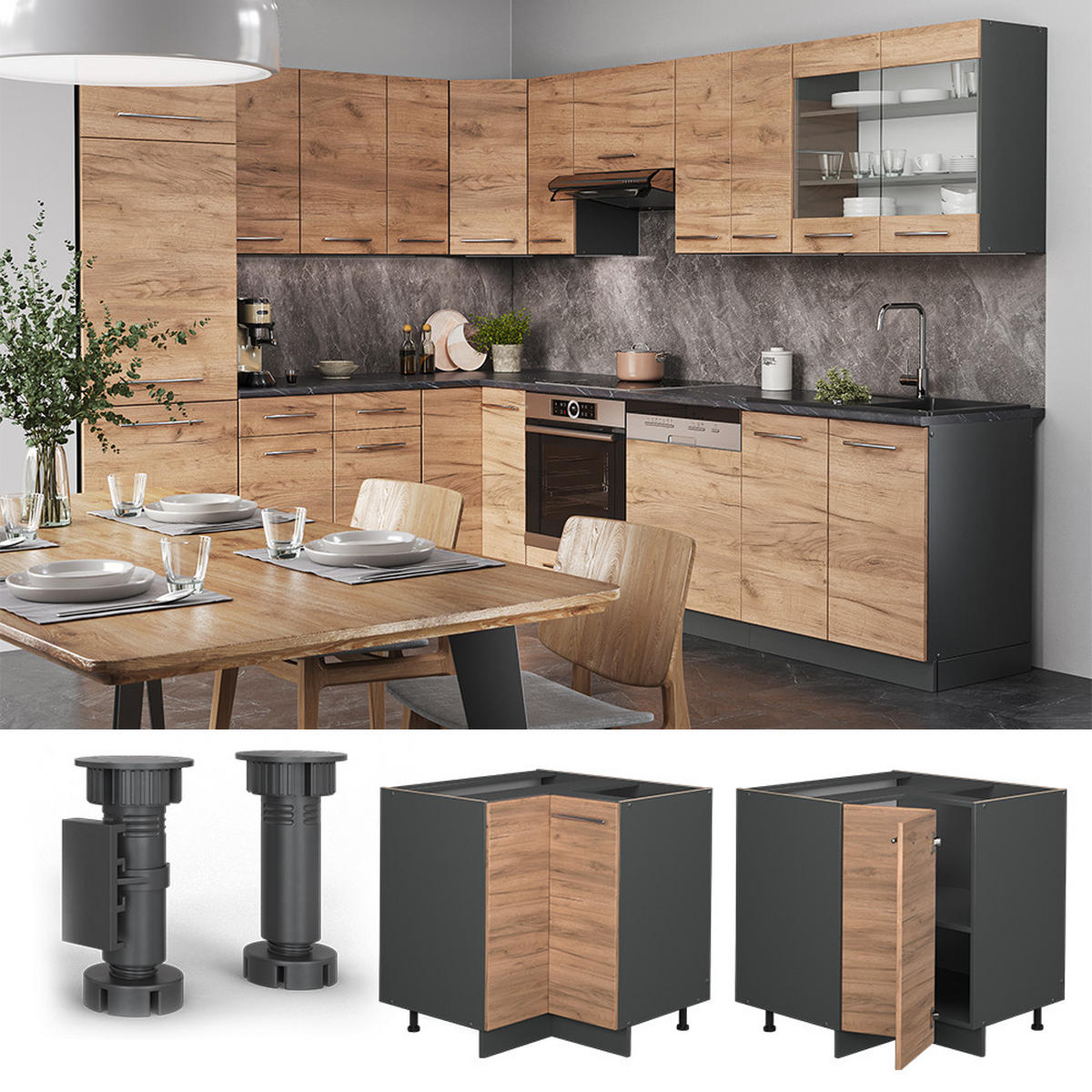 ECKUNTERSCHRANK Fame-Line Goldkraft Eiche 80.5 cm, AP Marmor - Anthrazit/Eiche Wotan, Holzwerkstoff (80.5/82/60cm) - Vicco