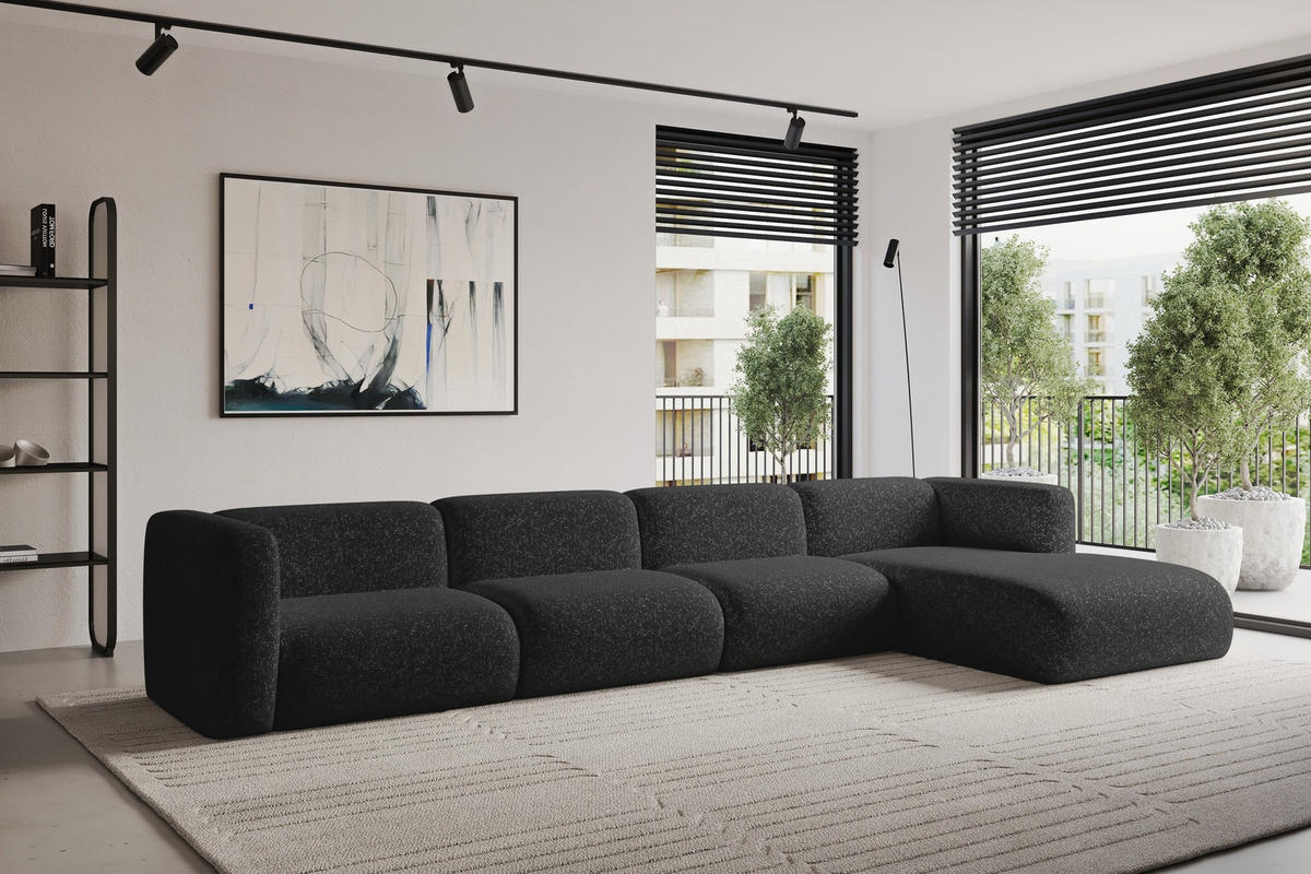 ECKSOFA Ottomane Rechts MIRA-L3 409x179x70 Schwarz Velours - Schwarz, Holzwerkstoff/Kunststoff (409/179cm) - ALTDECOR