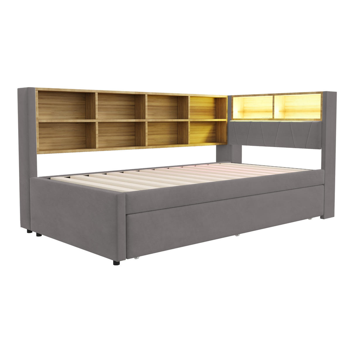 AUSZIEHBETT 90/200 cm und LED-Beleuchtung Dunkelgrau Flanell - Dunkelgrau, Textil (90/200cm) - OKWISH