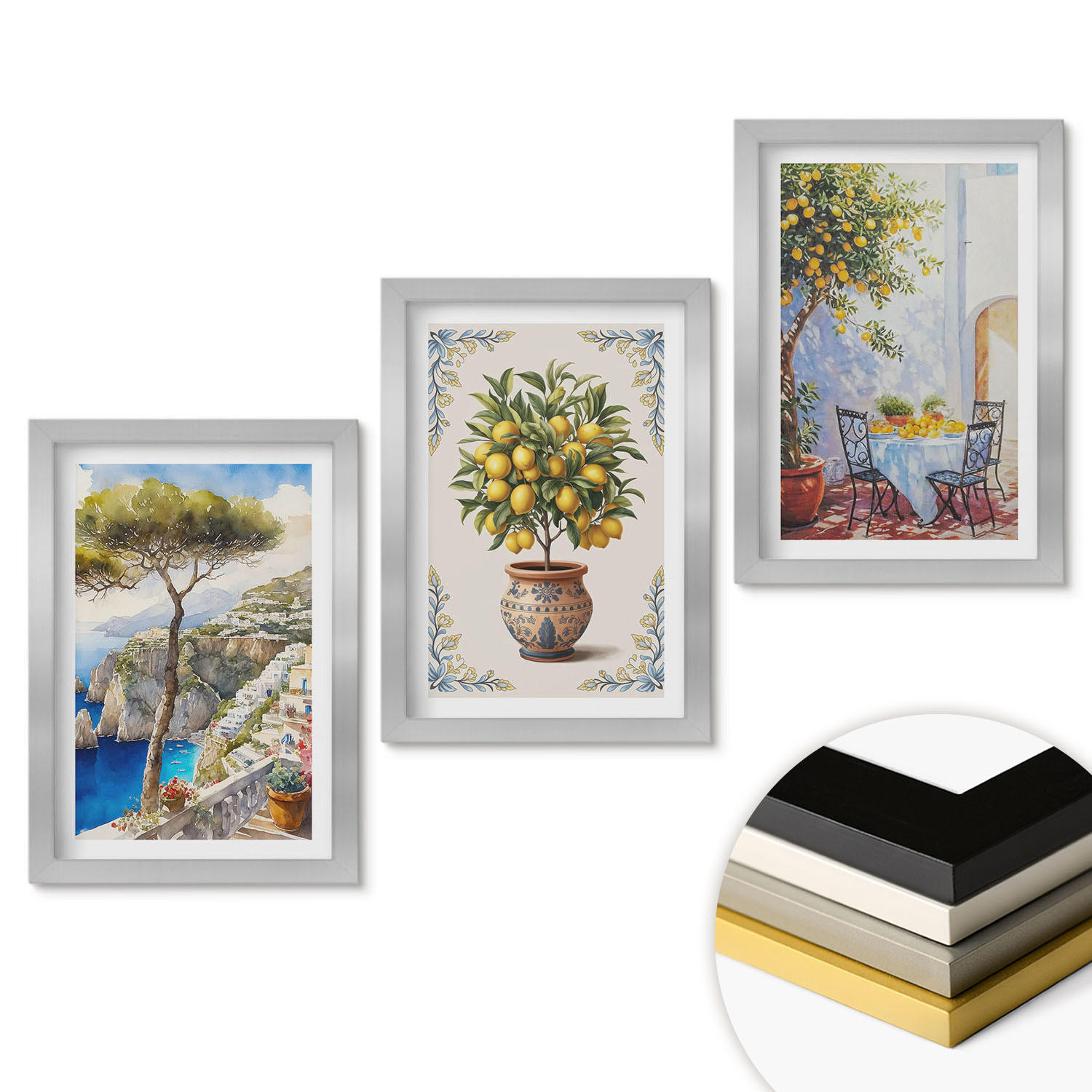 WANDBILDER 3er Set - 20x30 cm Silberner Rahmen - Tisch aus Zitronenbaum - Silberfarben, Kunststoff (20/30cm) - ArtPrintCave