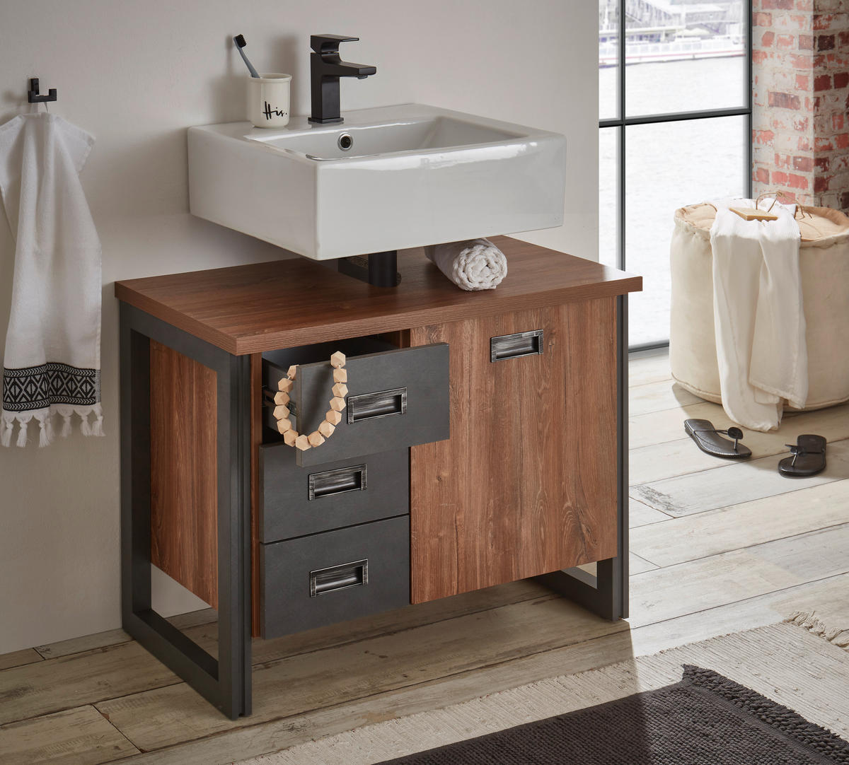 WASCHBECKENUNTERSCHRANK I12 Stirling Oak & Matera 81/62/40 cm breit mit Schubkästen - Eichefarben, Holzwerkstoff (81/62/40cm) - Livojo