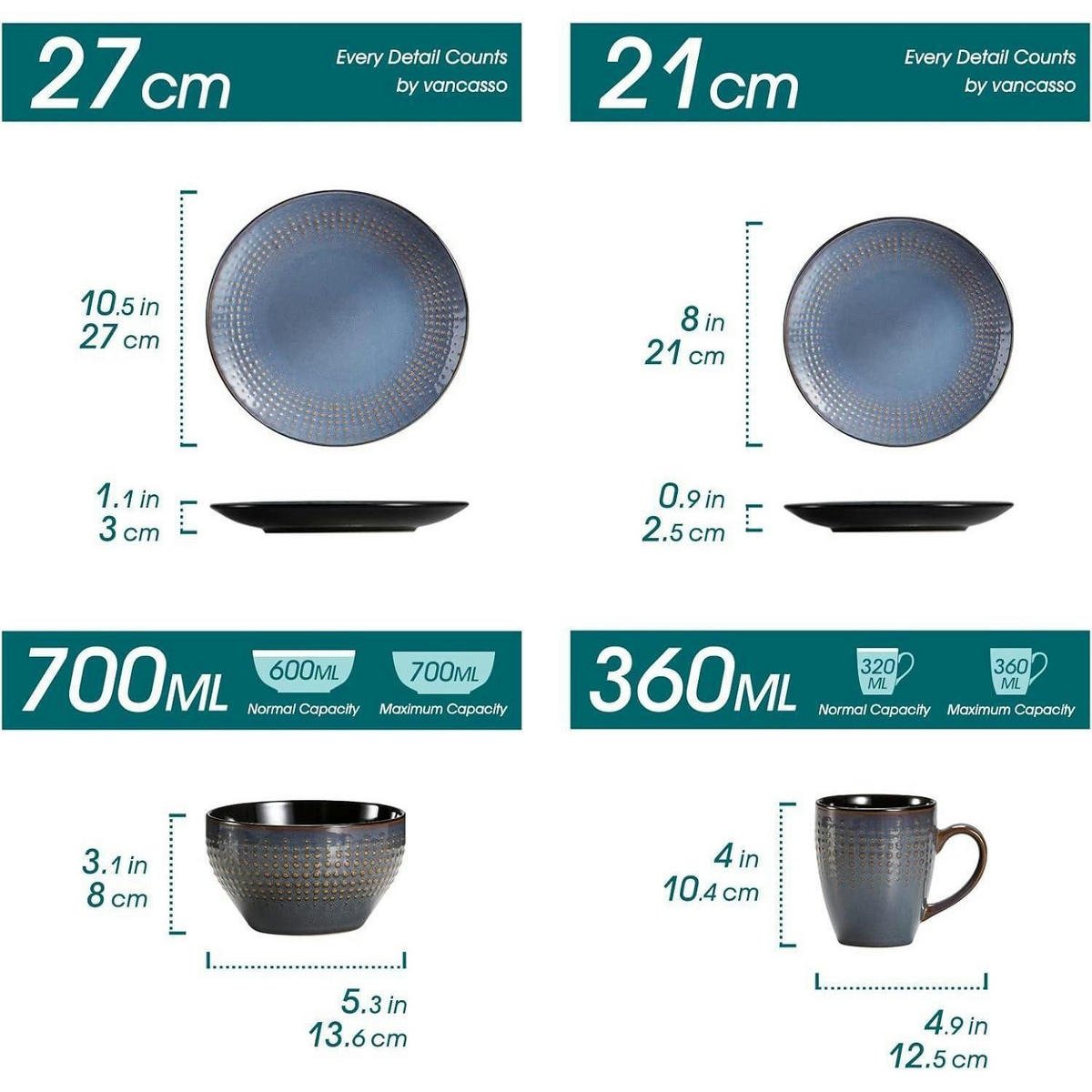KOMBISERVICE 16-teiliges Set Steinzeug Dunkelblau Grau - Blau, Keramik (26.7/3/26.7cm)