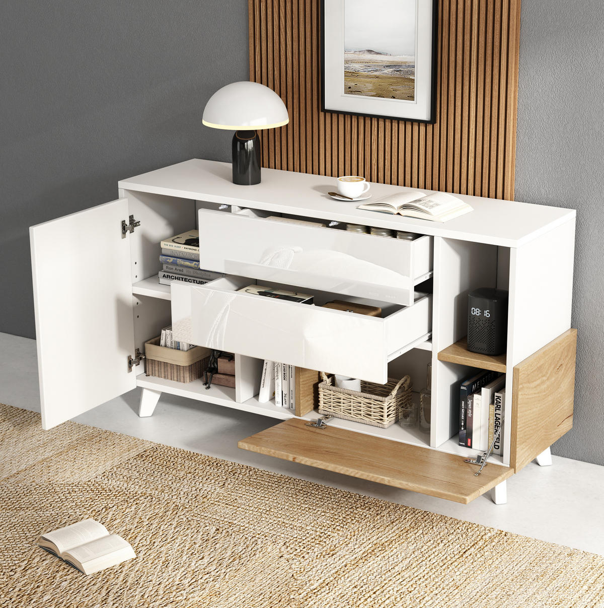 SIDEBOARD 130/40/70 cm mit 2 Türen, 2 Schubladen & offenem Fach in Weiß/Eiche - Weiß, Holzwerkstoff (130/70/40cm) - BEAOK