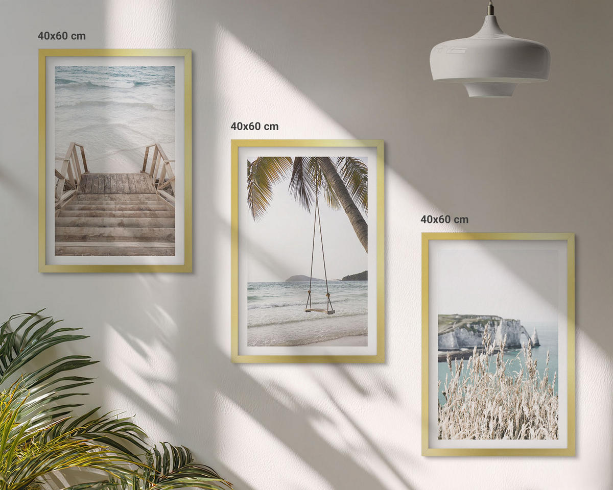 WANDBILDER 3er Set - 40x60 cm Goldrahmen - Strandtreppe aus Holz, Schaukel - Goldfarben, Kunststoff (40/60cm) - ArtPrintCave