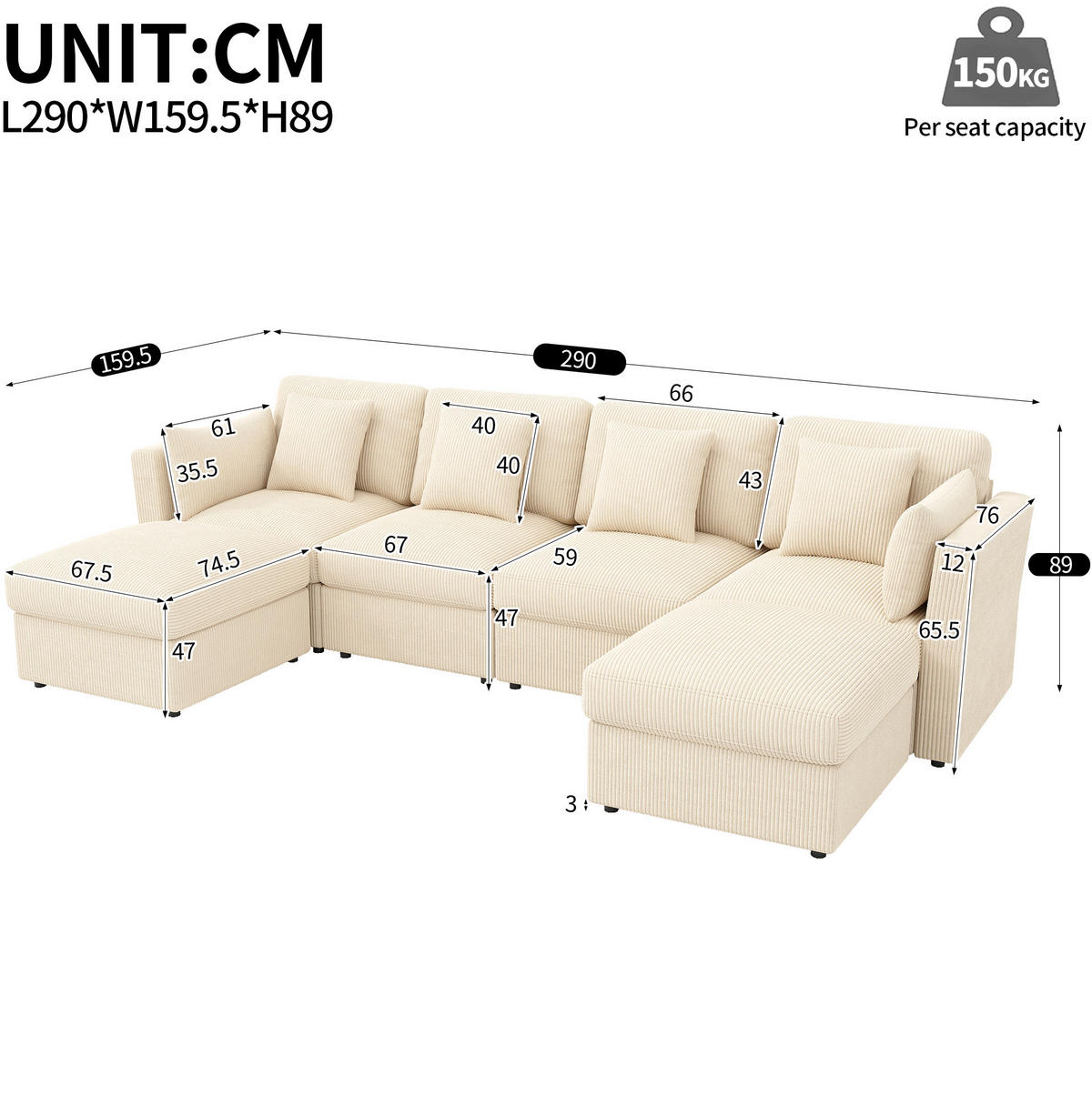 ECKSOFA 290/159,5/89 cm beige aus Cord mit verstellbaren Armlehnen und Hockern - Beige, Textil (159.5/290cm) - OKWISH