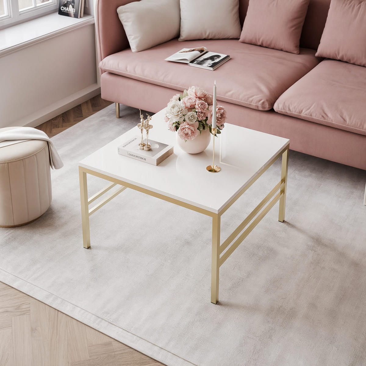 COUCHTISCH FORMA 70/70 cm Quadrat, Gold / Weiß Hochglanz - Weiß Hochglanz/Goldfarben, Metall (70/70/46cm) - Idohome