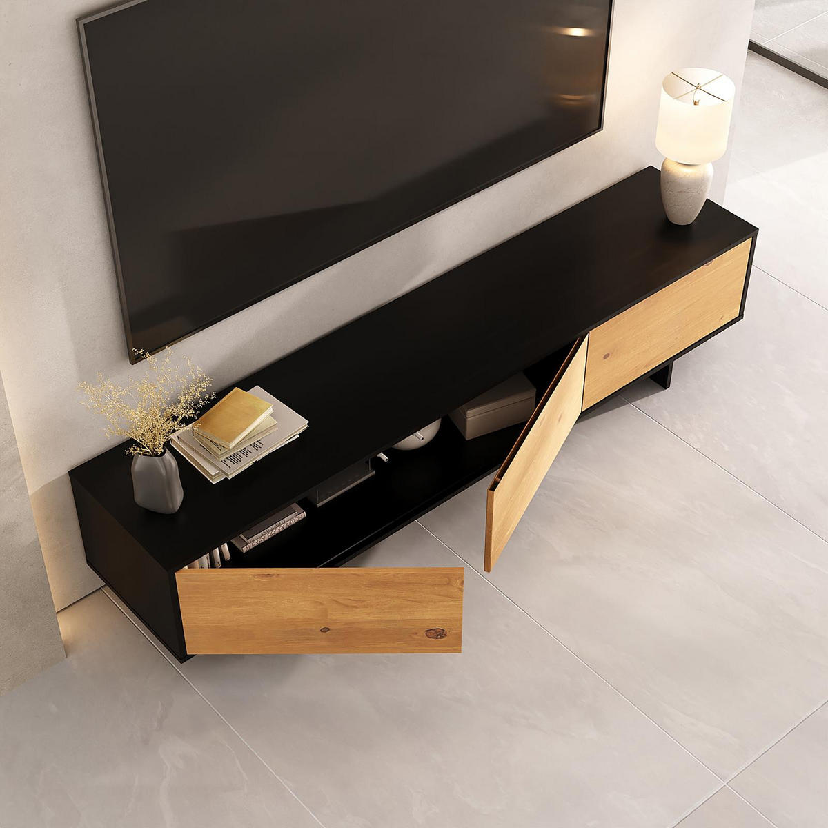 LOWBOARD ARTO schwarz/Eiche - Eichefarben/Schwarz, Holz (184/42/39cm) - IDIMEX