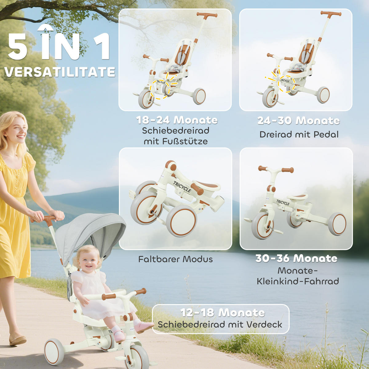 DREIRAD 5-in-1 mit Schubstange für 1-3 Jahre Faltbar mit reversiblem Sitz Creme - Creme, Metall (96.5/49/101cm) - AIYAPLAY