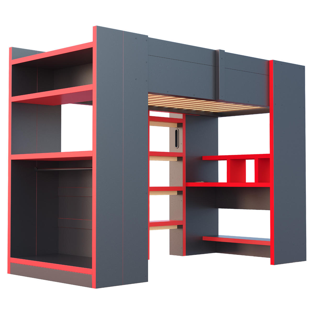 HOCHBETT 90/200 cm mit Schreibtisch, LED und Steckdose, DE-41602, in Schwarz/Rot - Schwarz, Holzwerkstoff (90/200cm) - ComfortXL