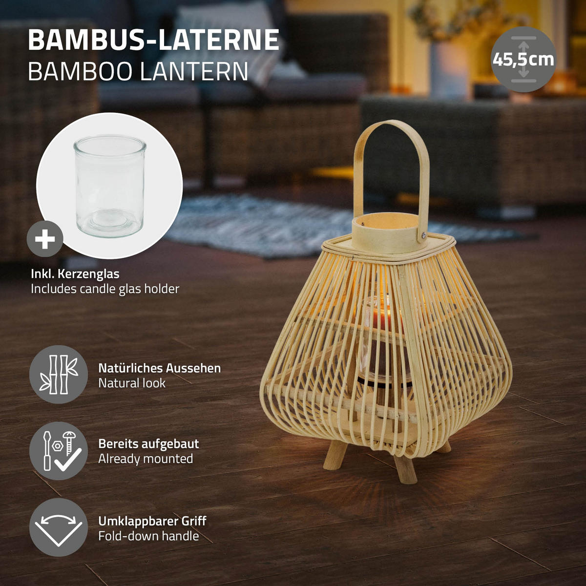 BAMBUSOVÁ LAMPION V: 45,5 cm, barva dřeva, styl boho - přírodní, dřevo (25/45.5/25cm)