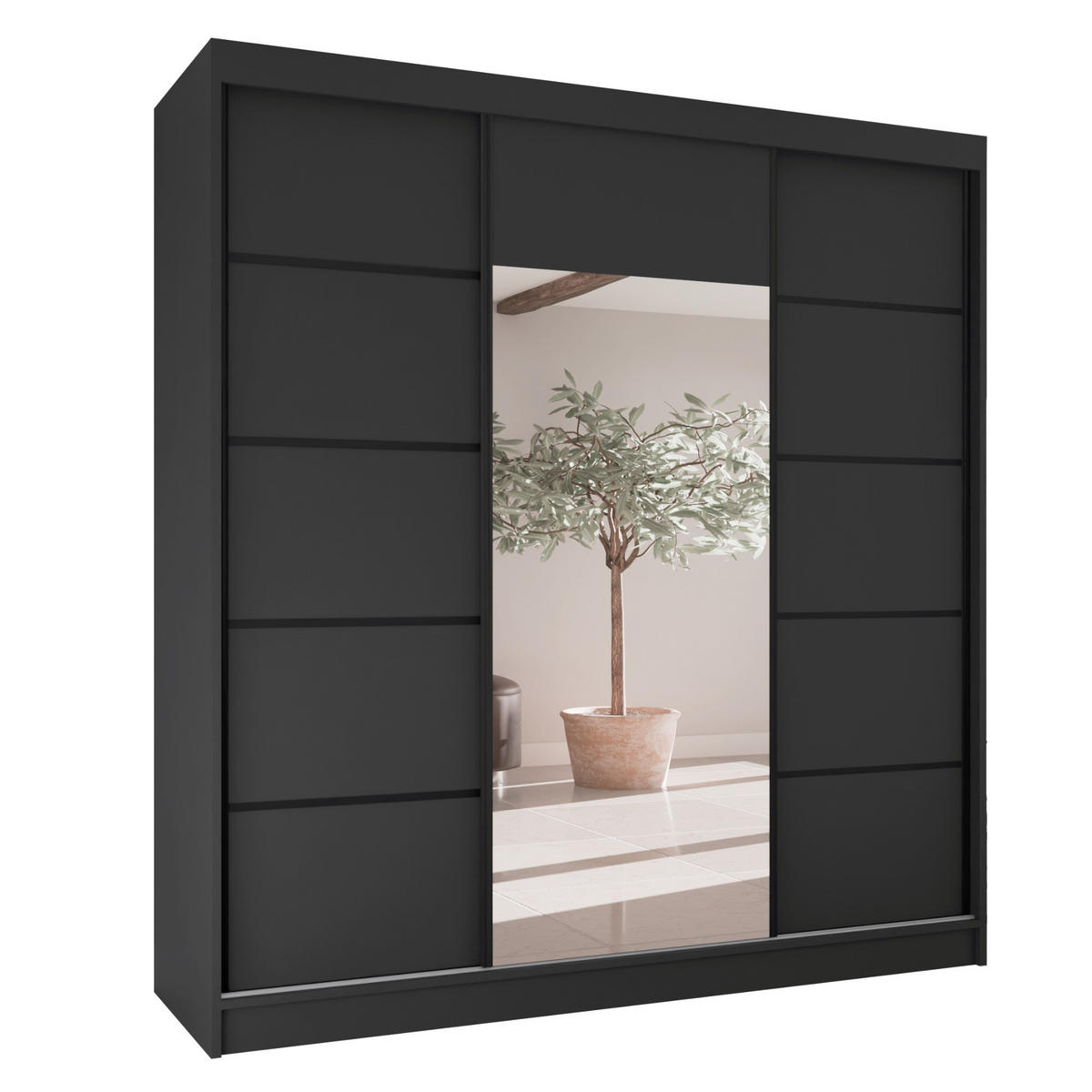 SCHWEBETÜRENSCHRANK Moni mit Spiegel und Zierleisten, 215x200x61cm, Schwarz - Schwarz, Holzwerkstoff (200/215/61cm) - AN-Moebel 4u