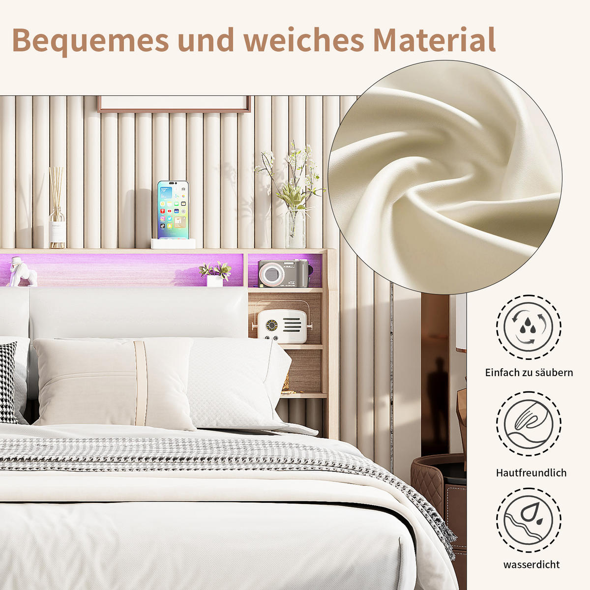 POLSTERBETT 140x200 cm, Weiß, LED-Beleuchtung - Weiß, Textil/Metall (140/200cm)